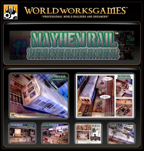 Worldworks Games Mayhem Rail PDF, a digital strategy tabletop game featuring train sets and gameplay scenes with a black background and yellow green text, for professional world builders and dreamers.