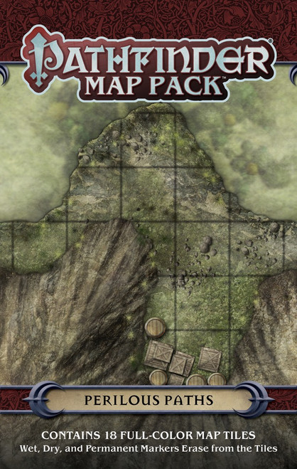 Pathfinder Map Pack: Perilous Paths PDF Contains 18 Full-Color Map Titles Wet, Dry, and Permanent Markers Erase from the Titles; cover depicts one of the tiles, which shows a cliff loaded with crates and barrels