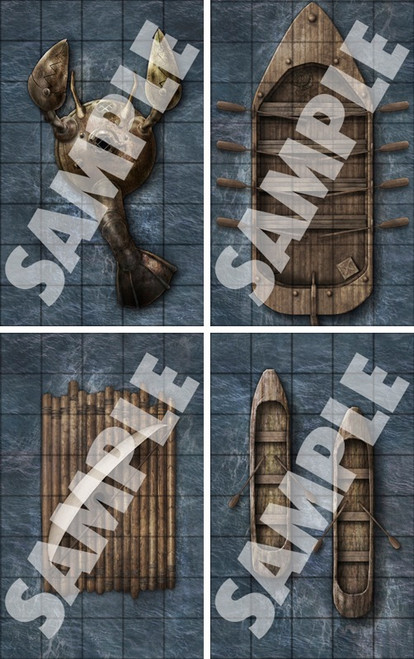 Pathfinder Map Pack: Armada PDF samples, depicting four different kind of ships: an elaborate mechanical vessel shaped like a lobster, a wooden vessel with two sets of seated rower, a raft, and a pair of canoes
