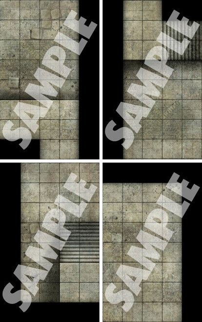 Map tiles from Pathfinder: Secret Rooms PDF, 5"×8" tiles in beige and black, featuring 18 hand-illustrated locations, including dusty ossuary, hall of monsters, mosaic room, for use in tabletop games, fantasy settings.