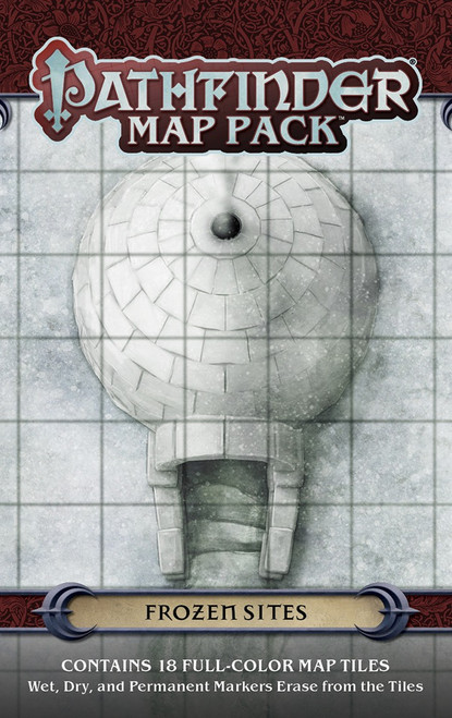 Pathfinder Map Pack: Frozen Sites PDF, contains 18 full-color map tiles. Wet, dry, and permanent markers erase from the tiles. Product image displays a battle mat with an igloo.