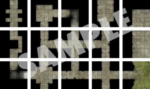 This product image displays 15 battle map tiles used to create a dungeon.