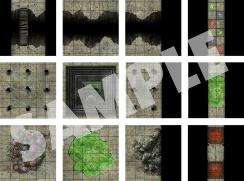 This product image displays 12 battle map tiles used to create a dungeon.
