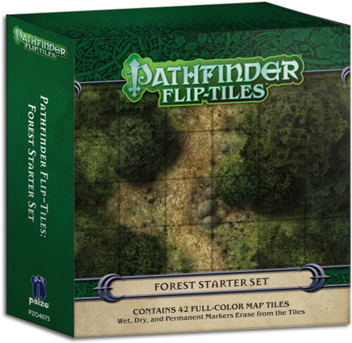 Pathfinder Flip-Tiles: Forest Starter Set PDF, contains 42 full-color map tiles. Wet, dry, and permanent markers erase from the tiles. This product image features a box with a battle map of a forest trail.