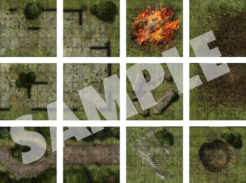 This product image displays 12 battle map tiles with ruined forest terrain.