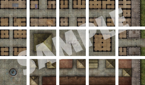 This product image displays 15 battle map tiles of urban terrain.