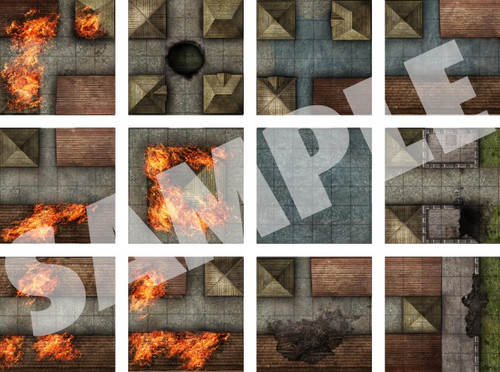 This product image displays 12 battle map tiles of ruined urban terrain.
