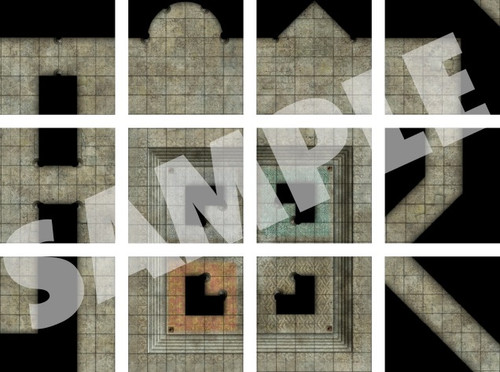 This product image displays 12 battle map tiles of dungeon terrain.