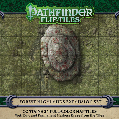 Pathfinder Flip-Tiles: Forest Highlands Expansion PDF, contains 24 full-color map tiles. Wet, dry, and permanent markers erase from the tiles. This product image displays a battle map featuring a rock covered in ancient symbols.