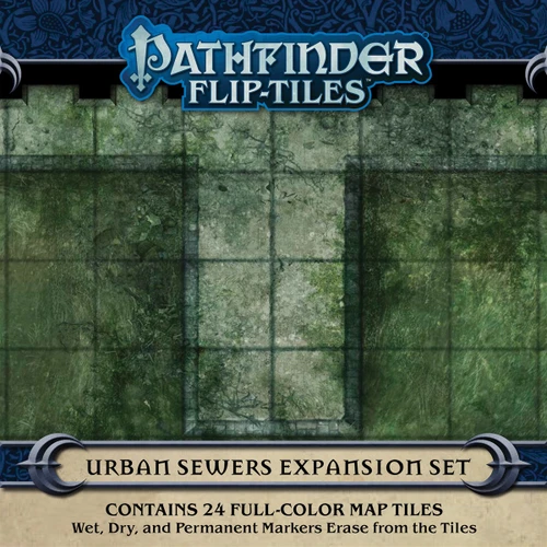Pathfinder Flip-Tiles: Urban Sewers Expansion, contains 24 full-color map tiles. Wet, dry, and permanent markers erase from the tiles. This product image displays a battle map of a sewer.
