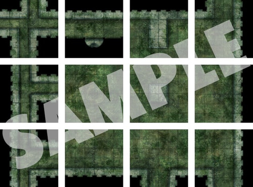 This product image displays 12 battle map tiles of sewer terrain.