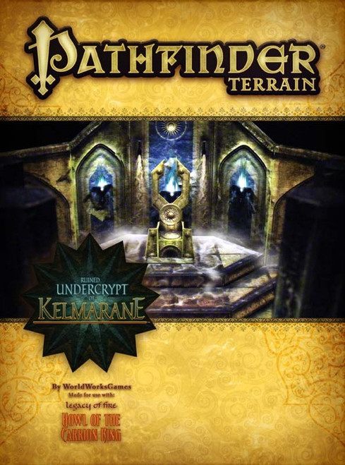 Pathfinder Terrain: Ruined Undercrypt of Kelmarane PDF featuring a mystical stone pedestal in a ruined chamber with glowing blue windows, gold text on parchment background, and a green starburst logo.