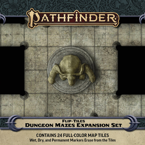 Pathfinder Flip-Tiles: Dungeon Mazes Expansion PDF, contains 24 full-color map tiles. Wet, dry, and permanent markers erase from the tiles. This product image features a battle map of a statue.