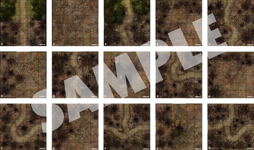 Pathfinder Flip-Tiles: Haunted Woodlands Expansion, 24 full-color 6x6 inch double-sided forest tiles, created by Jason A. Engle, featuring dark landscapes and twisted trees, from tabletop gaming brand Pathfinder.