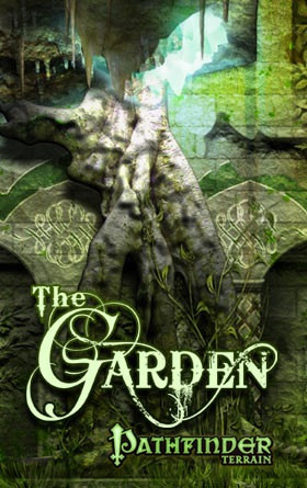 Pathfinder Terrain: The Garden PDF, a digital product featuring a green-toned cover with ancient stone arches, vines and ornate text, created by [Brand Name], available in PDF format for easy access.