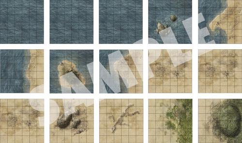 This product image displays 15 battle map tiles of varied outdoor terrain.