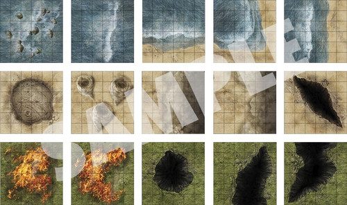 This product image displays 15 battle map tiles of wilderness disasters.