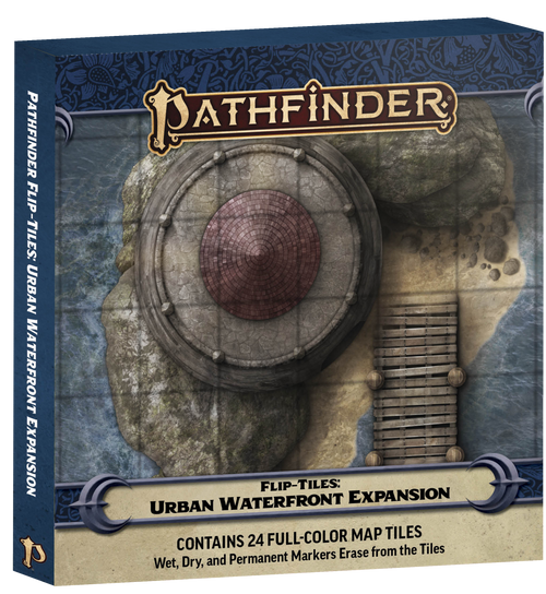 Pathfinder Flip-Tiles: Urban Waterfront Expansion PDF, contains 24 full-color map tiles. Wet, dry, and permanent markers erase from the tiles. This product image features a box with a battle map of a lighthouse.