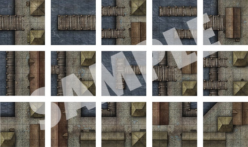 This product image displays 15 battle map tiles of dockside terrain.