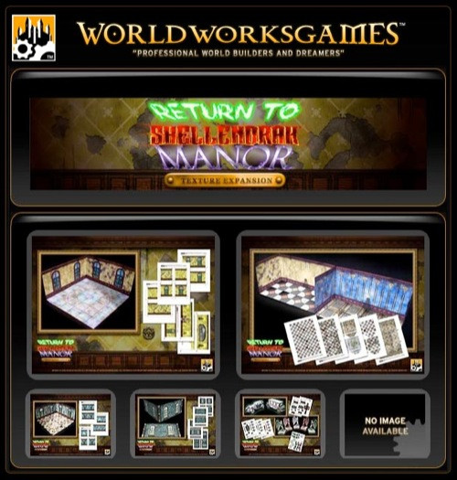 Return to Shellendrak Manor PDF by Worldworks Games, featuring manor-themed textures and cards, digital print on dark background with gold accents in a compact PDF file size suitable for homebrew RPG campaigns.