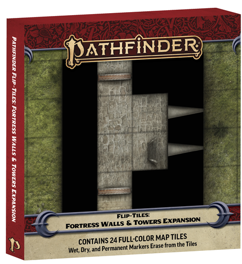 Pathfinder Flip-Tiles: Fortress Walls & Towers Expansion, contains 24 full-color map tiles. Wet, dry, and permanent markers erase from the tiles. This product image shows a box with a battle map of a fortress wall.