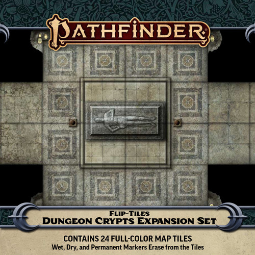 Pathfinder Flip-Tiles: Dungeon Crypts Expansion PDF, contains 24 full-color map tiles. Wet, dry, and permanent markers erase from the tiles. This product image displays a battle map of a mausoleum.