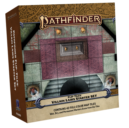 Pathfinder Flip-Tiles: Villain Lairs Set PDF, contains 24 full-color map tiles. Wet, dry, and permanent markers erase from the tiles. This product image displays a box with a battle map of an altar.
