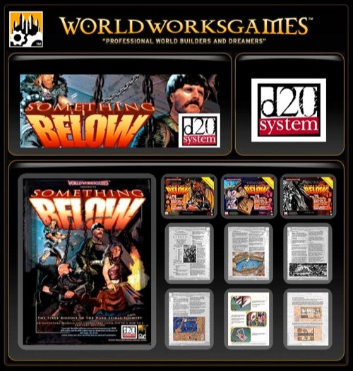 Something Below D20 Version PDF featuring action-packed illustration and d20 system elements, with orange and yellow text on a black background,  digital product by Worldworksgames.