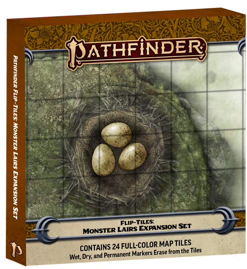 Pathfinder Flip-Tiles: Monster Lairs, contains 24 full-color map tiles. Wet, dry, and permanent markers erase from the tiles. This product image displays a box with a battle map of a nest with three eggs. 