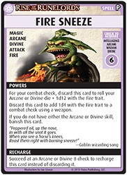 Pathfinder Adventure Card Game—Promo Card: Fire Sneeze has a title of “Fire Sneeze” above keywords Magic, Arcane, Divine, Attack, and Fire, with an image of a goblin with a frog on his head; the goblin casts a spell causing fire to shoot out of his hands. Rules text for the card is below the image.