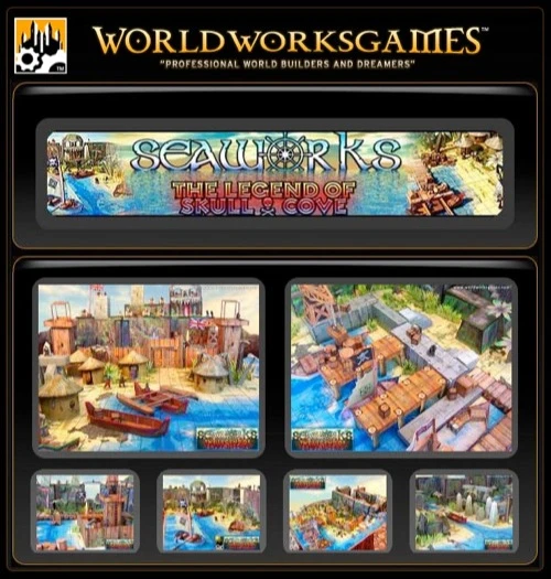Legend of Skull Cove PDF download by World Works Games, featuring medieval harbor scenes, colorful boats, and rustic buildings, with detailed dock and building layouts in a medieval fantasy setting.