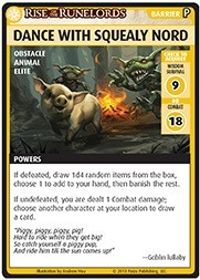 Pathfinder Adventure Card Game promo card, Dance with Squealy Nord, featuring a pig-like creature and goblin dancing near a fire, an official promo card by Pathfinder Adventure Card Game, for an immersive Rise of the Runelords Base Set experience.