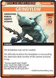 Pathfinder Adventure Card Game promo card Grindylow, a teal goblin-like monster with sharp teeth and trident, labeled as Aberration, Goblin, Aquatic, Veteran from the Rise of the Runelords Base Set card game.
