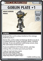 Pathfinder Adventure Card Game Promo Card: Goblin Plate +1, a heavy armor item for the game, featuring a goblin character in silver metal armor, released as part of the Rise of the Runelords Base Set.