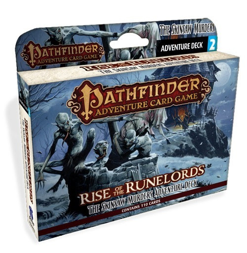 Pathfinder Adventure Card Game: The Skinsaw Murders Adventure Deck (Rise of the Runelords Adventure Deck 2) product image shows a wide card box with a tab above to hang from; the box features an image of several blue-skinned, long-tongued humanoid ghouls carrying a body-shaped sack into an old stone well at night, with a creepy haunted house on a cliffside in the background.