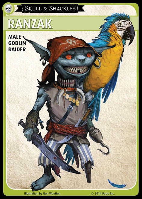 Pathfinder Adventure Card Game promo card featuring Ranzak, a fully playable goblin raider character with a brown headscarf, sword, and parrot companion within a green and black border on a beige background.