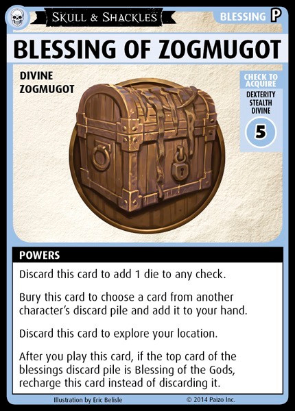Pathfinder Adventure Card Game—Promo Card: Blessing of Zogmugot, a cardboard promotional card from the Skull & Shackles Base Set by Paizo Inc featuring a wooden chest on a beige background with descriptive text.