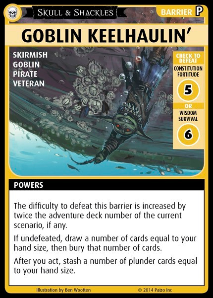 Goblin Keelhaulin', a promotional Pathfinder Adventure Card Game barrier card from the Skull & Shackles set, featuring a goblin pirate ship with skulls, part of the Pathfinder Adventure Card Game collection.