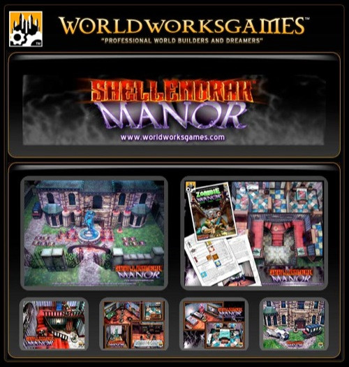 Shellendrak Manor PDF board game by Worldworksgames, a digital tabletop game featuring a customizable manor on a black background with gold accents, showcasing modular rooms and components.