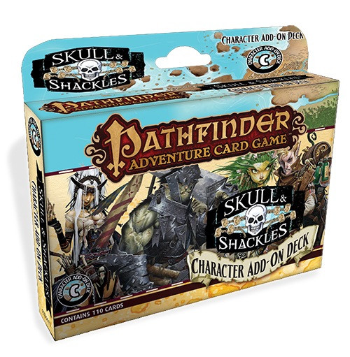 Pathfinder Adventure Card Game: Skull & Shackles Character Add-On Deck features a treasure-chest design with 110 cards, including four new classes and additional items for 5-6 player adventures, from Pathfinder Adventure Card Game.