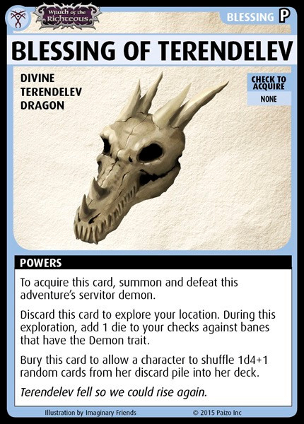Pathfinder Adventure Card Game Promo Card: Blessing of Terendelev, a beige dragon skull illustration on a beige background, featuring divine powers, from Pathfinder Adventure Card Game, Paizo Inc, 3.5 x 2.5 inches, a campaign addition for Pathfinder players.