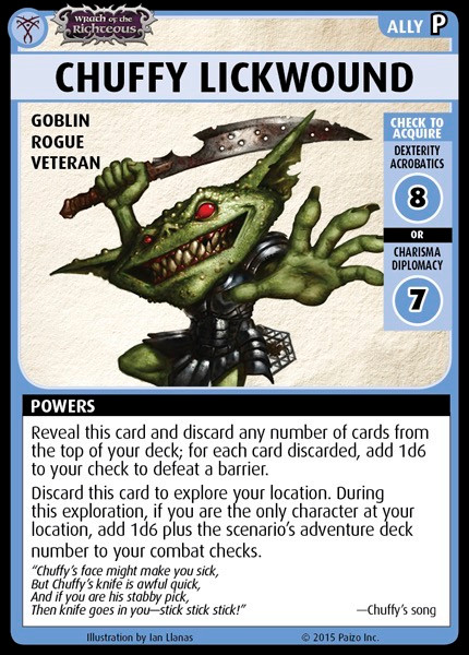 Pathfinder Adventure Card Game Promo Card Chuffy Lickwound, a green goblin rogue ally card with red eyes from the Wrath of the Righteous Base Set, showcasing a fantasy character's stats and abilities.