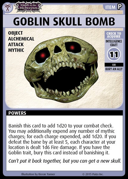 Pathfinder Adventure Card Game—Promo Card: Goblin Skull Bomb, a promotional card with a green goblin skull, red eyes, and beige background from the Wrath of the Righteous Base Set, used in Pathfinder Adventure Card Games.