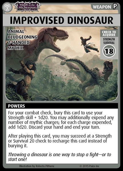 Pathfinder Adventure Card Game—Promo Card: Improvised Dinosaur, a promotional card for Pathfinder Adventure Card Game—Wrath of the Righteous Base Set, featuring a dinosaur illustration with two characters as users.