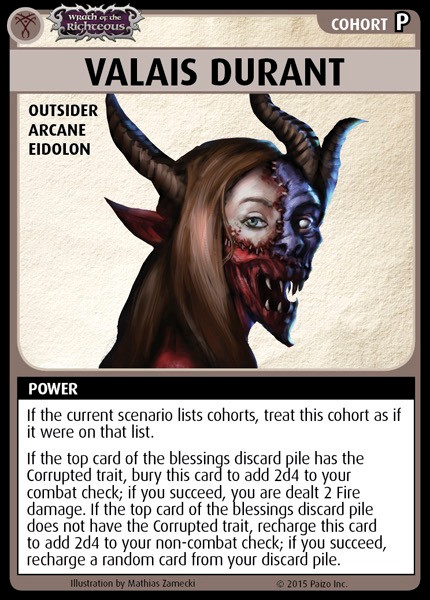Valais Durant promotional card from the Wrath of the Righteous Base Set of Pathfinder Adventure Card Game, a cohort option for campaigns, featuring an Outsider Arcane Eidolon with demonic horns and split face illustration.