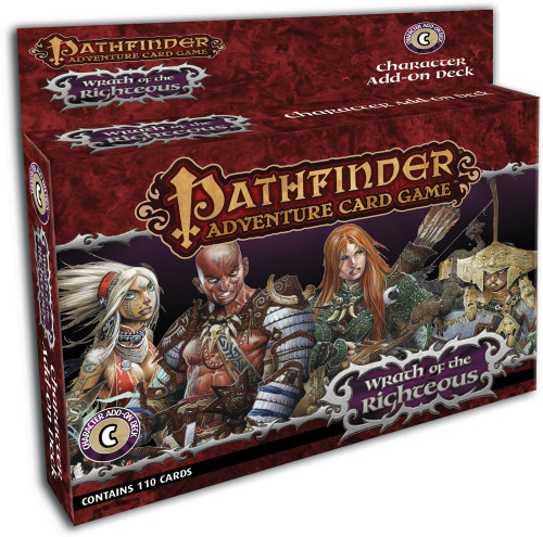 Pathfinder Adventure Card Game—Wrath of the Righteous Character Add-On Deck product image shows a wide card box with a tab above to hang from; the box features an image of four heroes standing side by side—a blonde human sorcerer woman, a bald human monk, a redheaded female human ranger in green armor, and a female dwarf wearing a wide gold headdress.