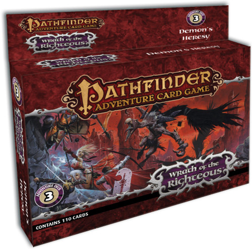 Pathfinder Adventure Card Game—Wrath of the Righteous Adventure Deck 3: Demon's Heresy product image shows a wide card box with a tab above to hang from; the box features an image of a group of heroes in a red-lit ruined landscape being attacked by a large flying demon with a vulture’s head.