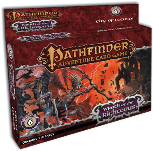 Pathfinder Adventure Card Game—Wrath of the Righteous Adventure Deck 6: City of Locusts product image shows a wide card box with a tab above to hang from; the box features an image of a group of heroes in a red-lit hellscape of crumbling buildings and raging fire attacking an enormous insectile demon with several legs, wings, a long thin body, and a spooky bug face; the towering demon fights with a huge scythe.