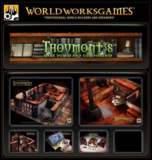 Thoumont's Rare Tomes and Components PDF, digital book cover featuring a medieval bookshelf on a black background with green title text, gold accents, by World Works Games for tabletop gaming use in fantasy settings.