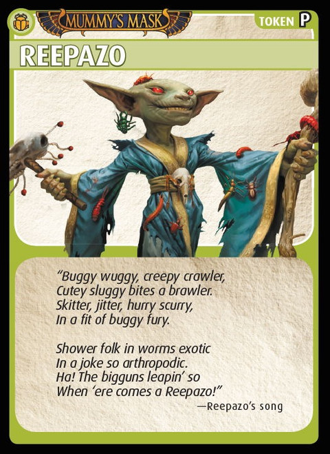 Pathfinder Adventure Card Game Promo Card: Reepazo sample card has a tile of “Reepazo” and shows an image of a lanky goblin wearing a blue and yellow robe and carrying a staff and a strange handheld noisemaker; flavor text for the card appears below the illustration.